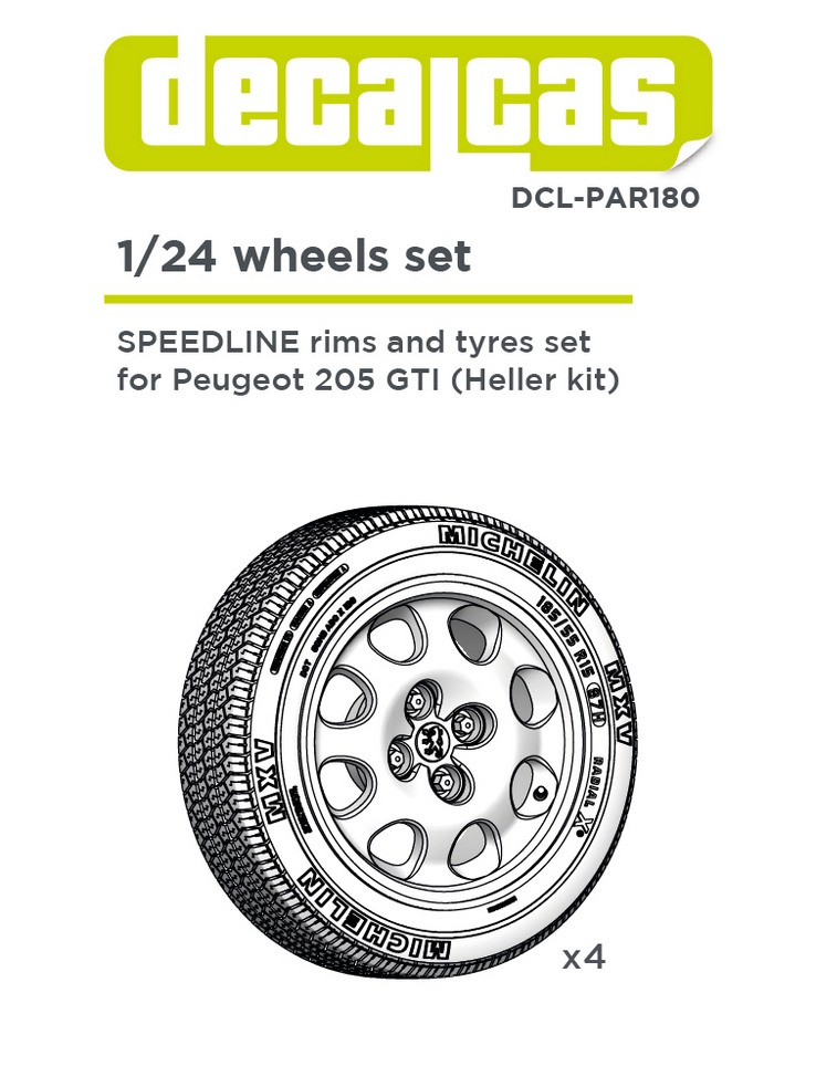 DCL-PAR180: Rims and tyres set for 1/24 scale models: Speedline 15 inches rims and Michelin MXV tyres for Peugeot 205 GTI